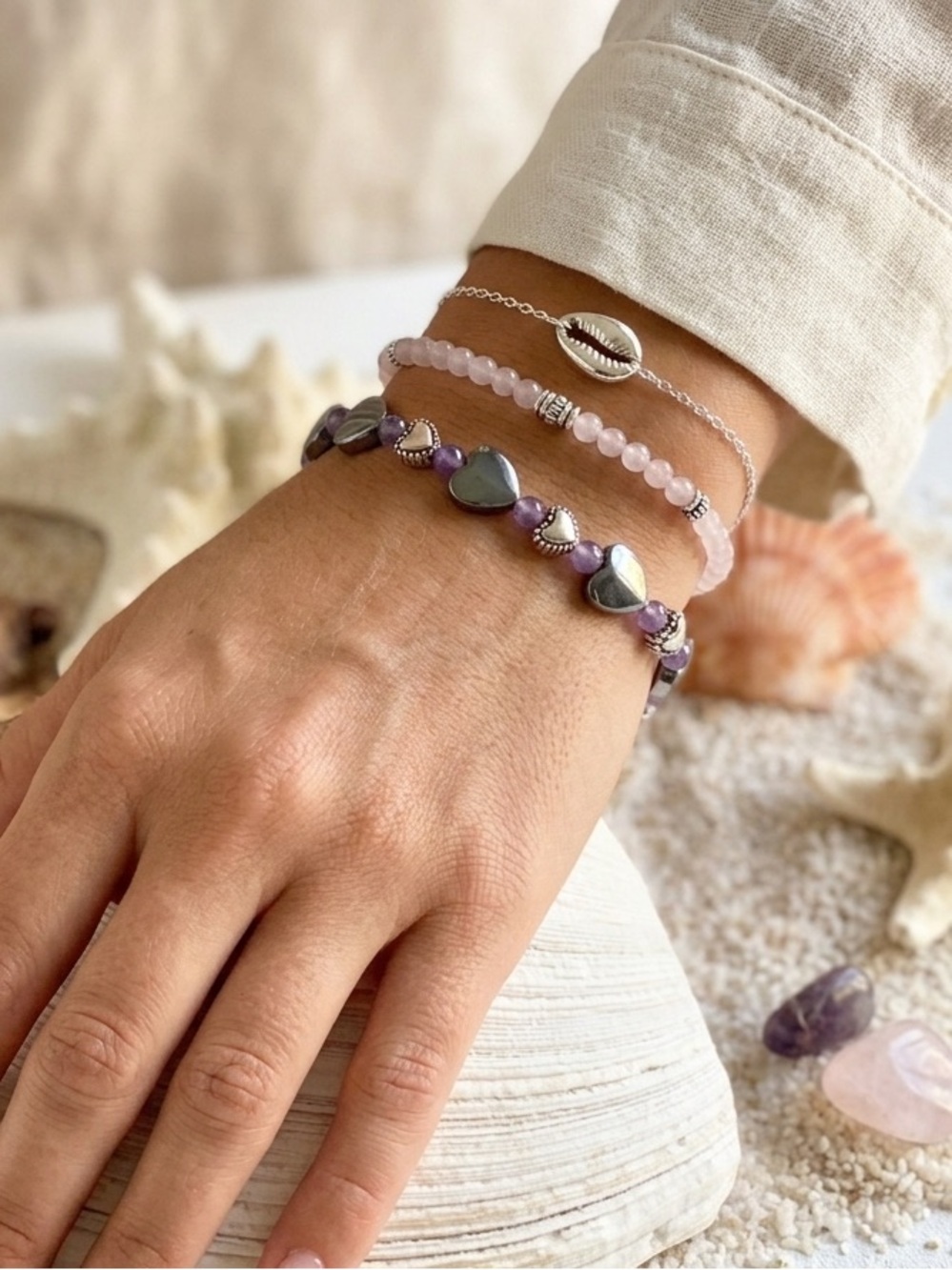 Genuine Amethyst & Hematite Heart Bracelet - Guard Your Heart